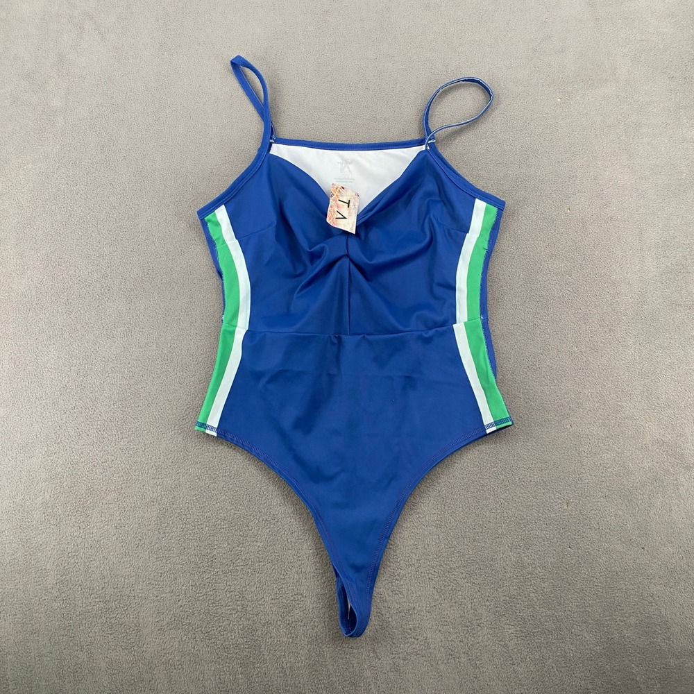 Tracy Anderson Striped Bodysuit Navy Green Sporty Thong Back PBBODNAGRLXL L/XL